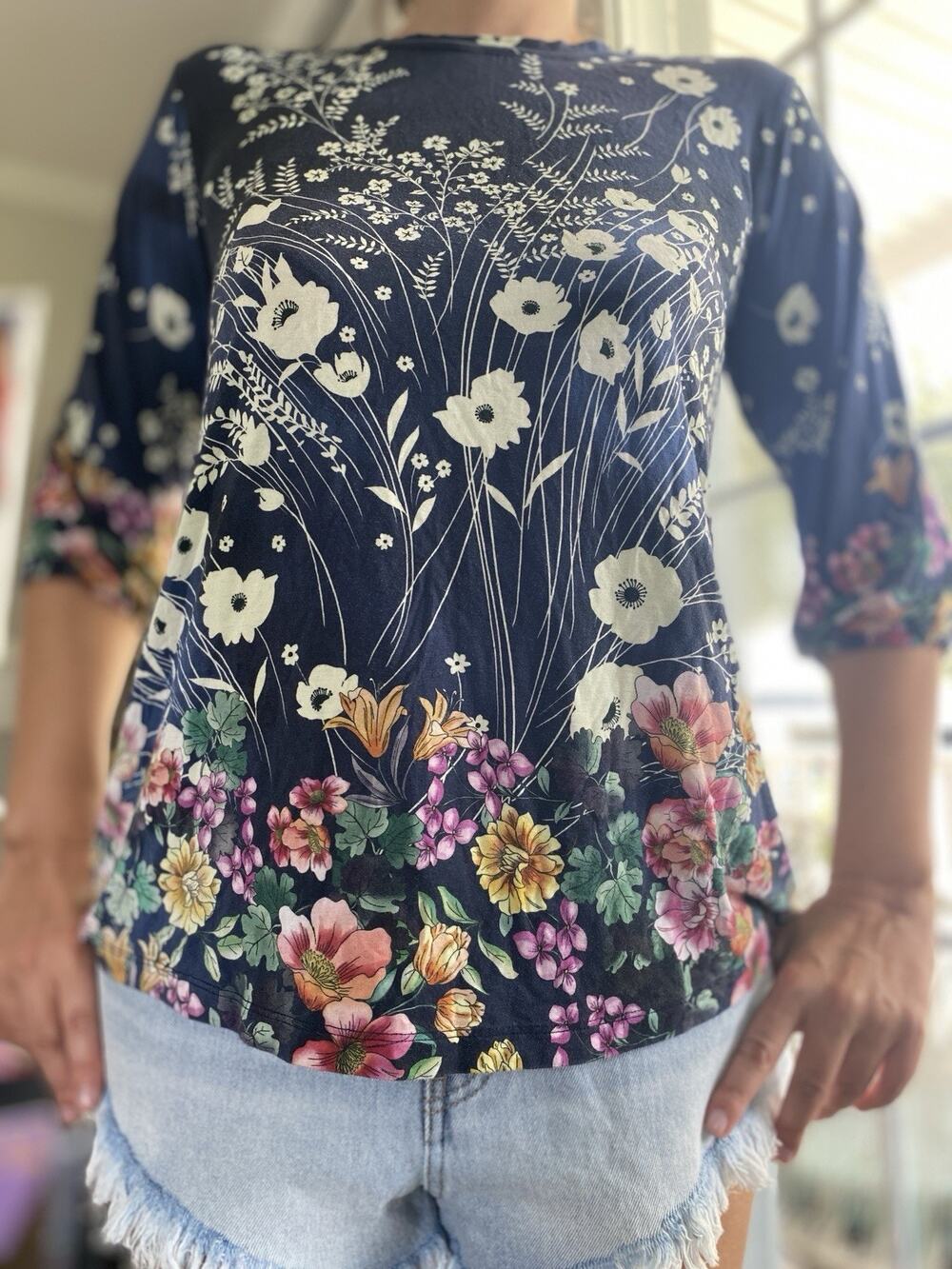 Johnny Was Los Angeles Blouse Women’s Floral Boho Long Sleeve Navy Top S